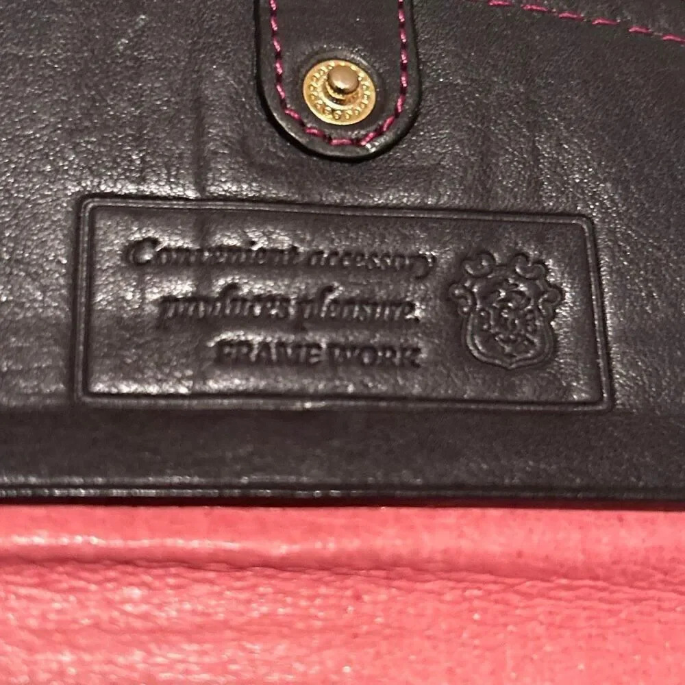 Frame Work Black Leather Long Wallet Hot Pink Contrast Stitch Accent Y2K Style
